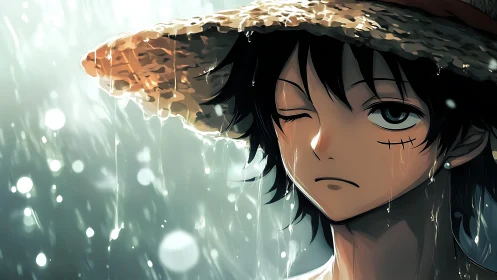 Anime portrait in cinematic rain with high-contrast lighting.