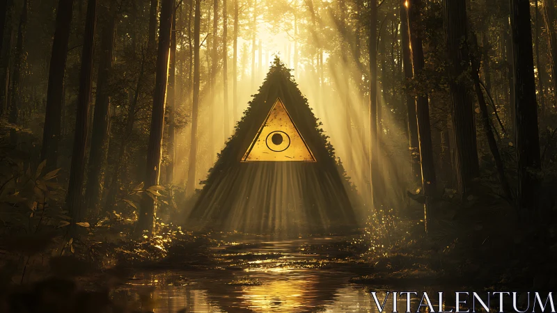 Triangular symbol structure stands in sunlit forest clearing