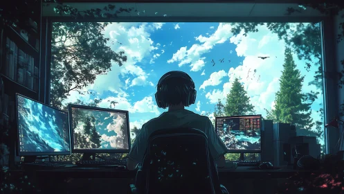 Person at triple-monitor desk facing bright forest window.