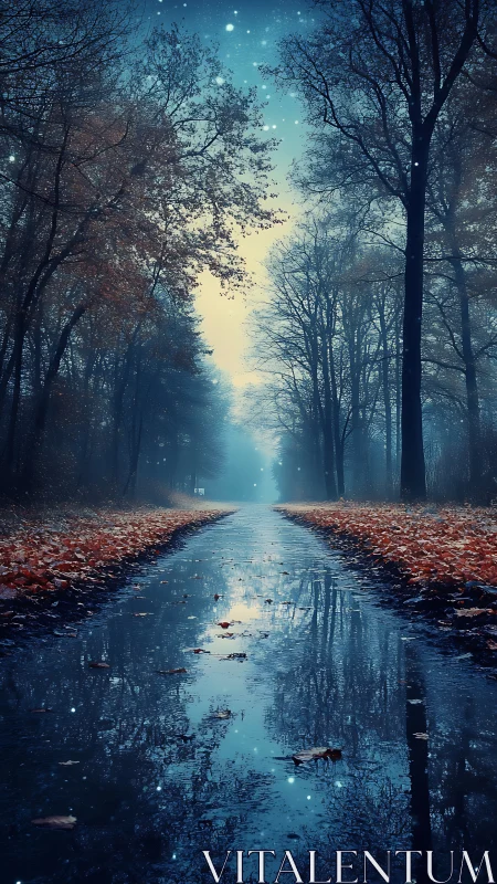 Enchanted autumn woods: A serene path through misty forest reflection
