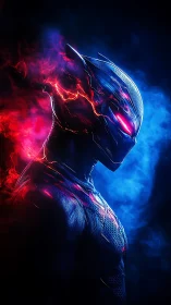 Cybernetic speed warrior in neon smoke-lit profile portrait.