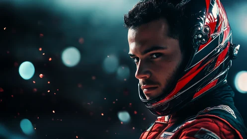 Racing driver stares down camera in dramatic bokeh light
