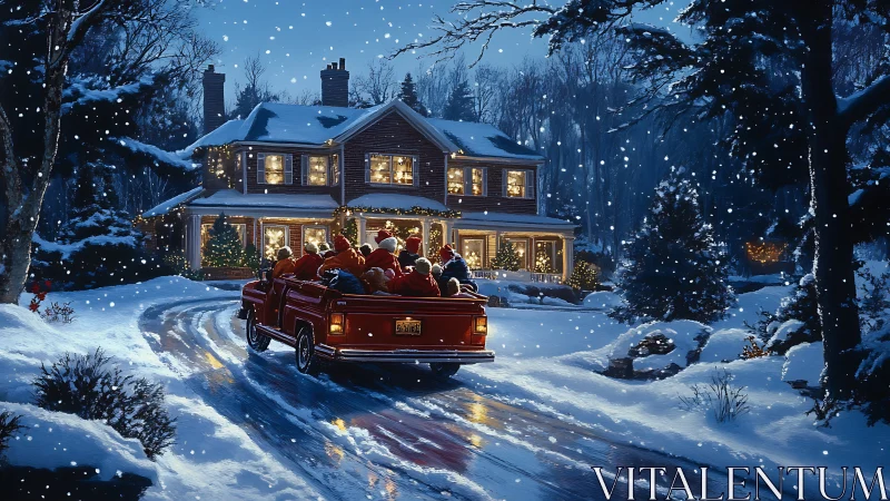 Red pickup truck on snowy driveway before lit winter house.