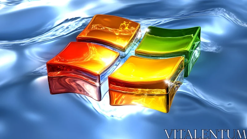 3D Glassy Windows Logo Floating on Shiny Blue Liquid Surface.