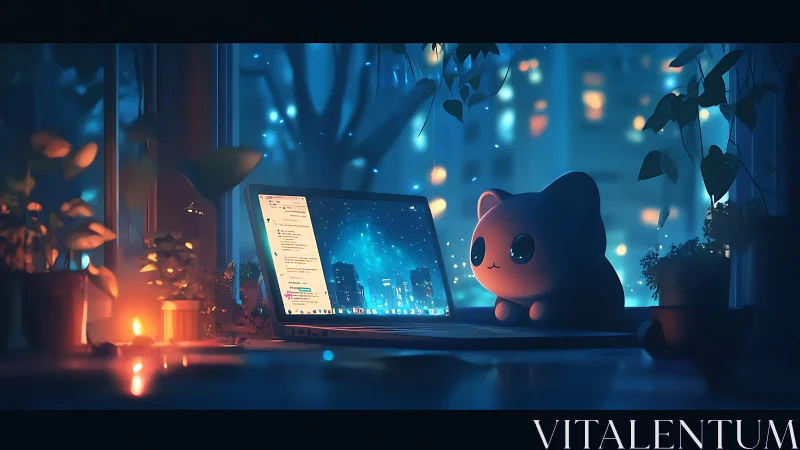 Soft-lit desk with laptop and stylized cat figure at night.