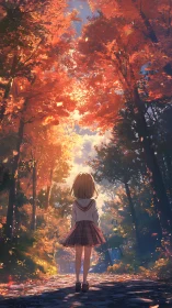 Autumn forest path with schoolgirl under glowing foliage canopy.
