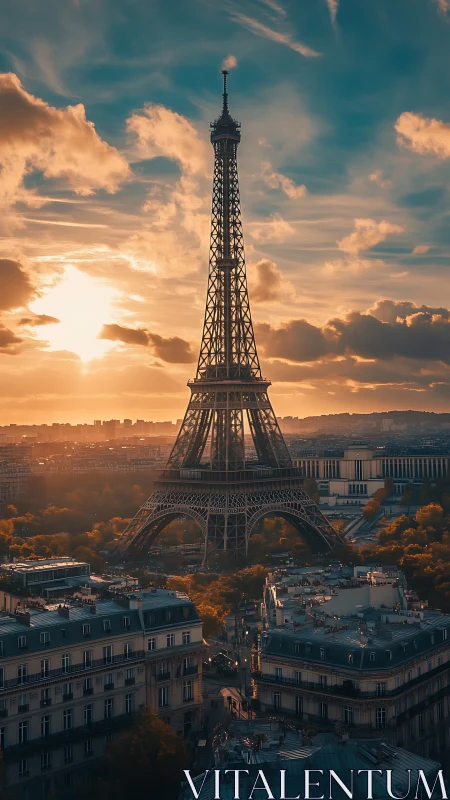 Eiffel Tower over Paris cityscape at warm sunset light.