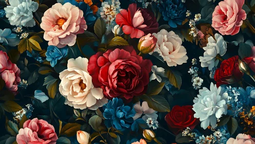 Luxuriant Garden of Red, Pink, Blue Blooms on Deep Background