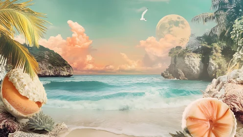 Composite tropical seascape with lunar elements and shell motifs.