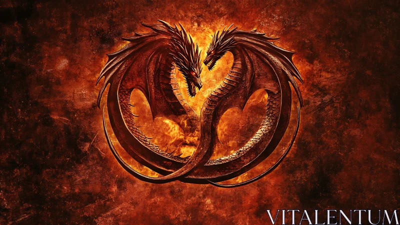 Twin fire dragons circling molten heart emblem.
