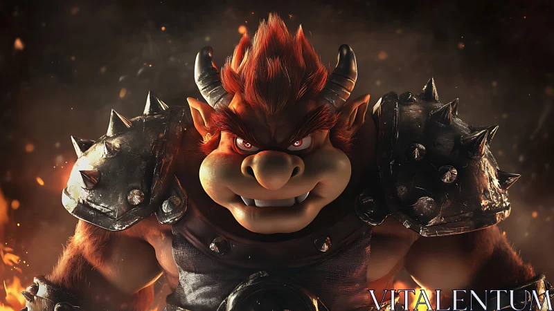 Fiery horned brute grinning through sparks and shadows.