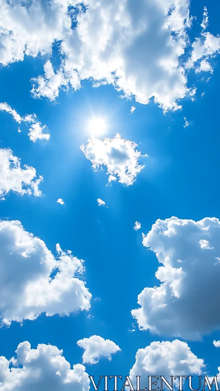Radiant midday sun shines through scattered cotton clouds.