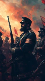 Steadfast bearded officer leading comrades into firelit sky.