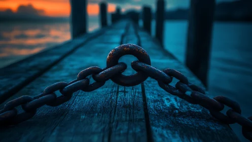 Rusty chain link anchored on weathered pier at dusk.