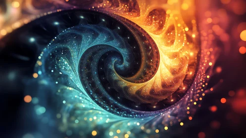 Spiral fractal vortex shows blue and orange glowing energy