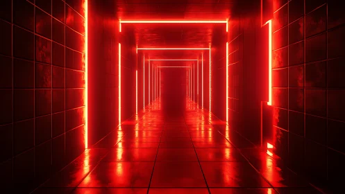 Red neon corridor with reflective tiled walls and floor.