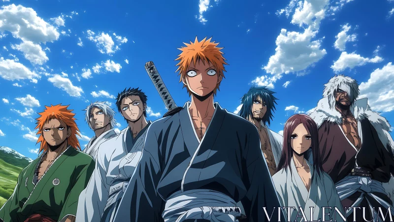 Storm-eyed swordsmen under carnival-bright warrior skies.