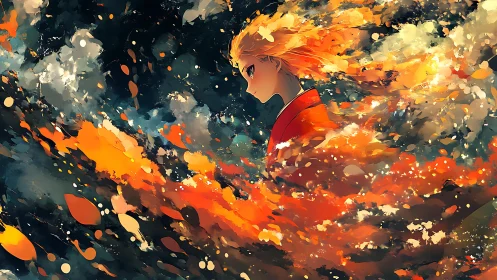 Profile figure is integrated into turbulent abstract color field