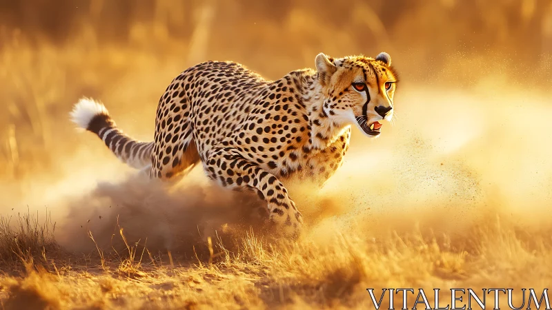 Cheetah sprints through golden dust in blazing savanna light.
