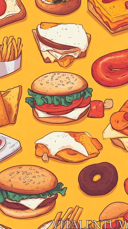 Cartoon fast food pattern repeats across bright yellow background