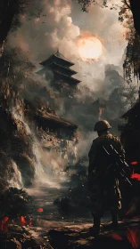 Armored soldier surveys misty pagoda under apocalyptic sun
