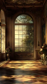 Golden-hour illumination defines ornate neoclassical window interior