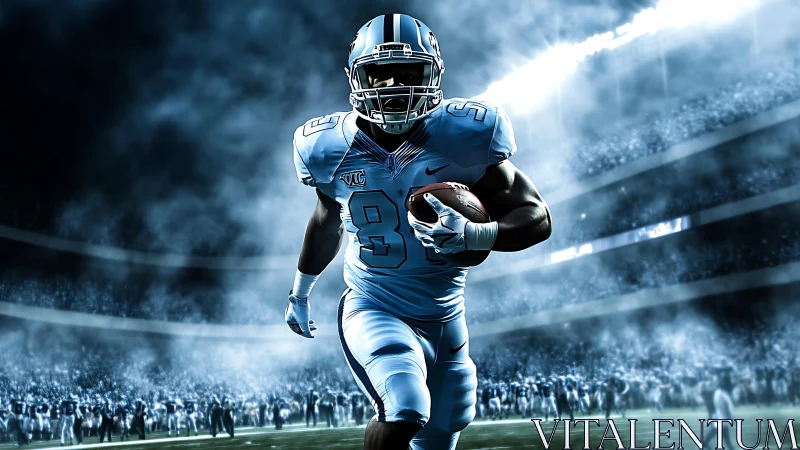 Running back sprint in floodlit stadium, dynamic blue lighting