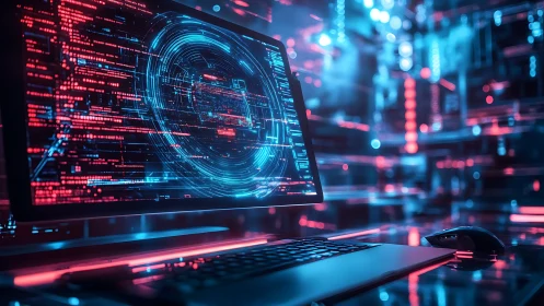 Holographic cybersecurity interface glows on a neon workstation