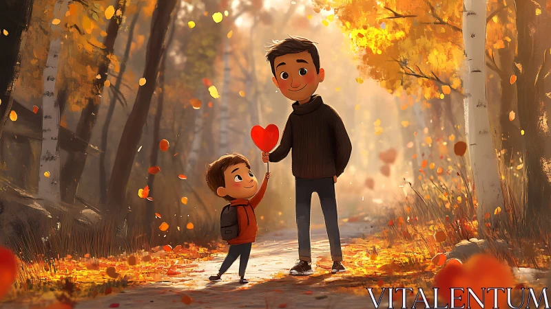 Father and Son Exchange Love in Autumn Forest.