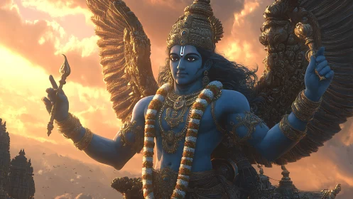 Winged blue deity amid blazing temple sky at dusk.