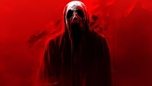 Blood-red specter emerges from darkness in haunting void