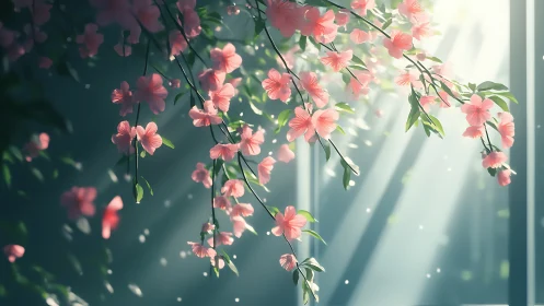 Soft daylight illuminates cascading pink blossoms indoors