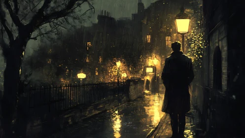 Rain-soaked nocturne of lone figure on gaslit cobblestone street