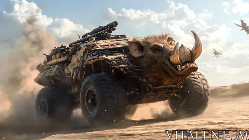Warthog assault truck tears through blazing desert battlefield.