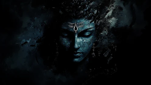 Blue-toned stylized face emerges from textured dark field