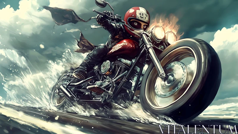 Motorcycle rider cuts through storm surge on coastal highway