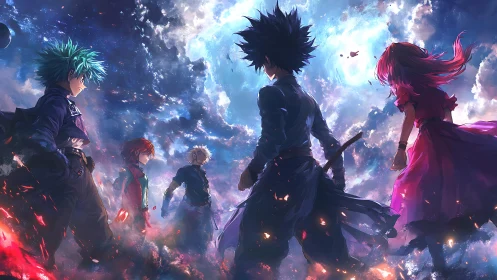 Anime heroes confront cosmic storm in luminous widescreen tableau