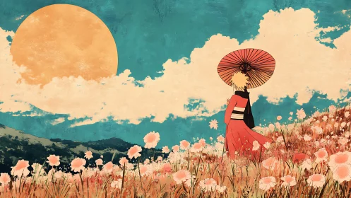 Figure in red kimono under large sun in flower field.