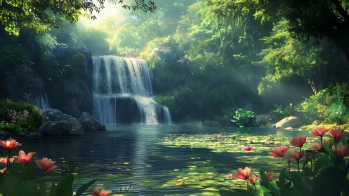 Sunlit forest waterfall descends into reflective lily pond