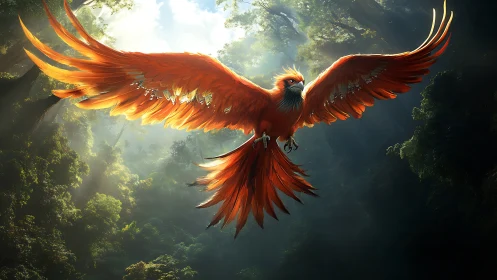 Majestic Fiery Phoenix Soaring Over Lush Forest, Fantasy Art.