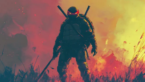 Armored mutant warrior in incendiary backlit battlefield haze.