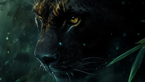 Black Feline Portrait with Golden Iris and Ethereal Particle Effects