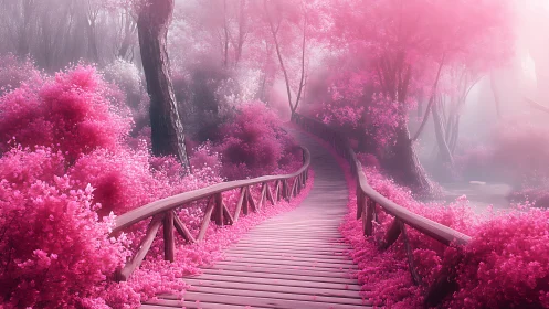 Digital painting of pink forest bridge under ethereal mist.