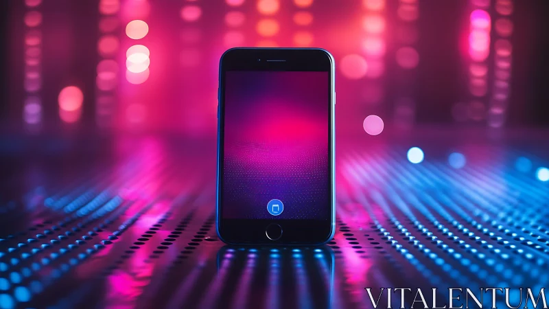 Neon-soaked smartphone stands like a nightclub skyline gate