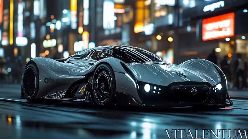 Nocturnal hypercar prototype in neon-lit urban streetscape.