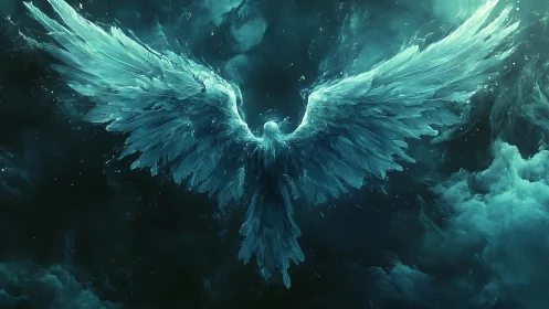 Celestial angel spreads radiant teal wings in cosmic storm.