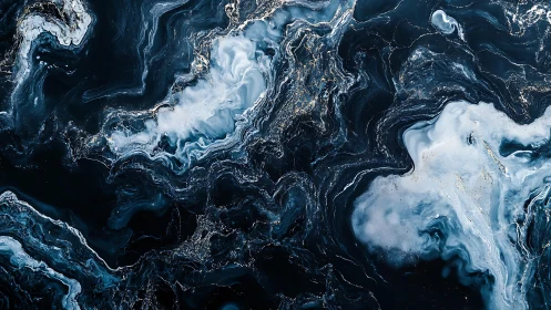Abstract dark marble texture with swirling blue and white patterns.