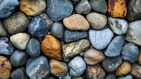 Smooth multicolored river stones close-up, natural texture pattern.