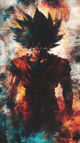 Fiery anime warrior emerging from abstract cosmic storm.