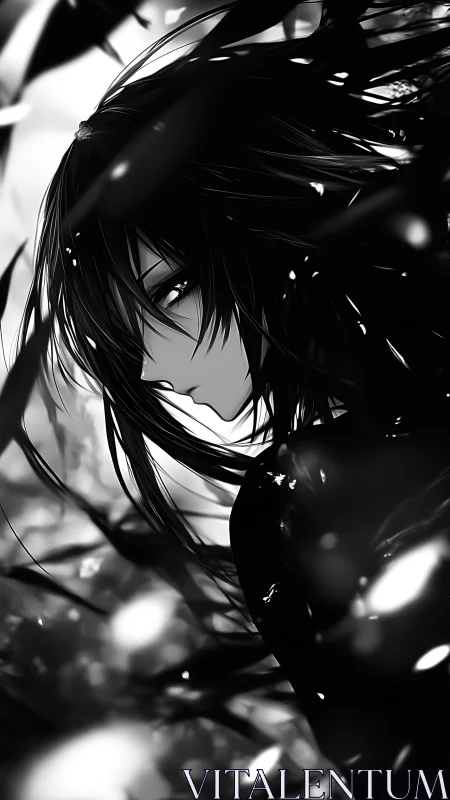 Monochrome anime portrait with dynamic chiaroscuro rendering.